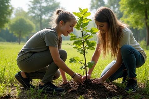 Volunteers planting trees in an environmental project.